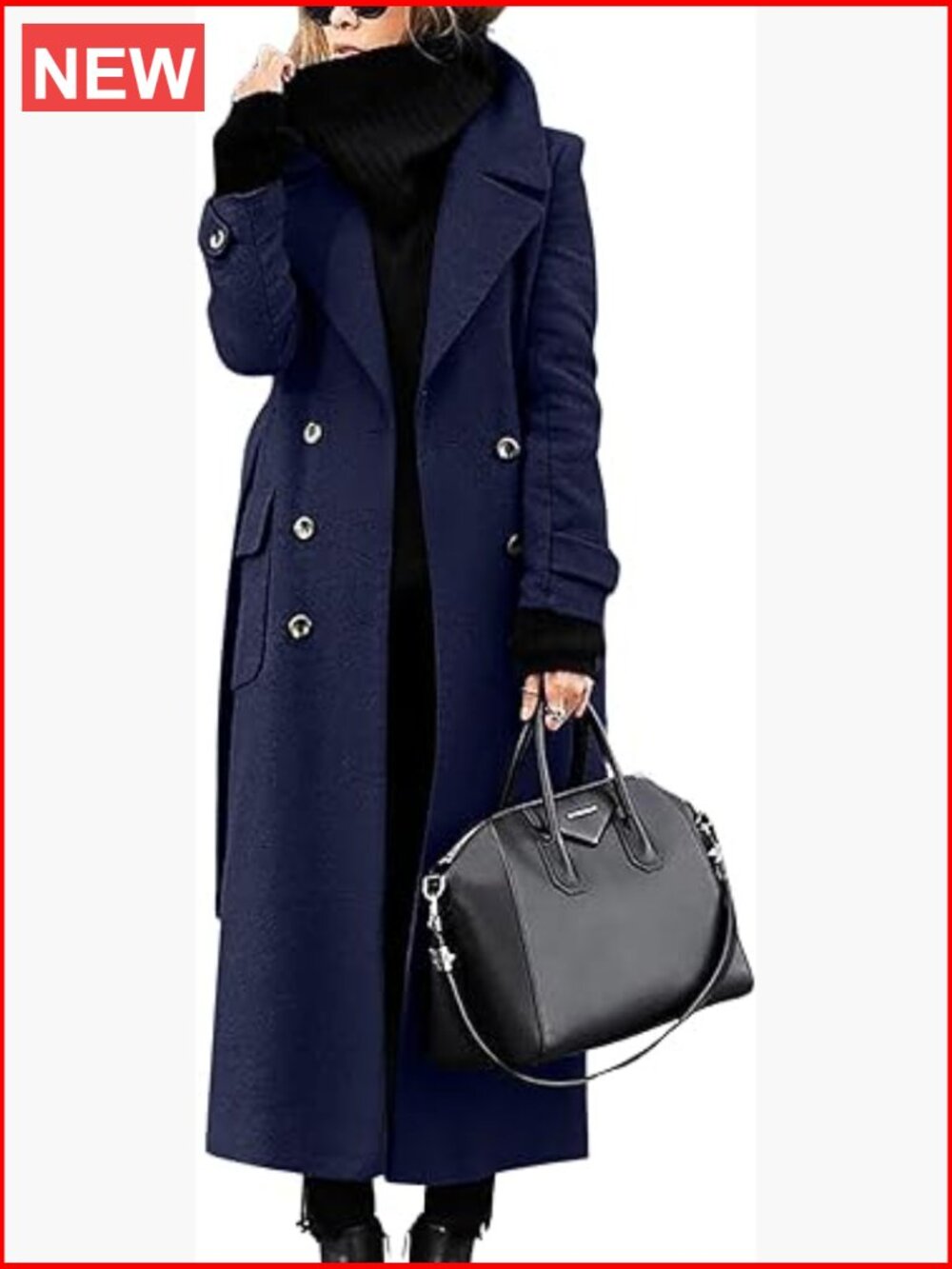 Double Breasted Wool Coat Elegant Notched Lapel Mid Long Pea Trench Coat